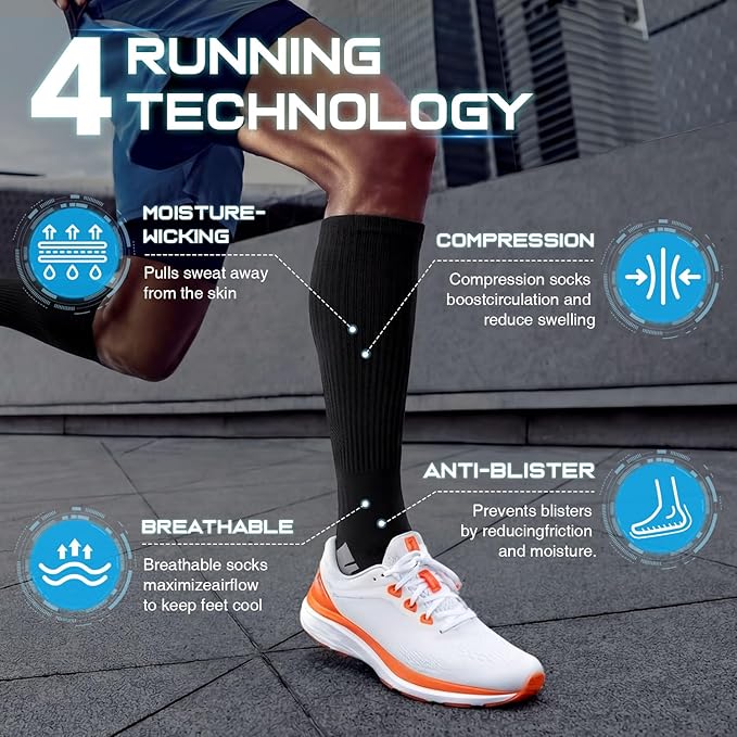 Rahhint Coolmax 20-30 mmHg Compression Running Socks, Long Distance Anti Blister Cushion Moisture Wicking Tall Athletic Socks
