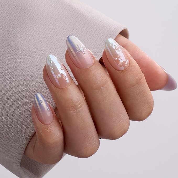 VSALON Press-On Nails Short Almond, 42 PCS Chrome Ombre 3D Star Fake Nails, 32 Main Nails in 16 Sizes & 10 Alternative Nails, Gel Reusable Glue On Nail Set with Full Tool Kit