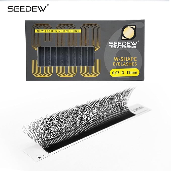 SEEDEW 6D Lash Extensions, 0.07mm C Curl 10mm 12 Rows/Tray, W Shape Flat Stem, Korean PBT Mega Volume False Eyelashes Grafting for Beginner Artist, Lash Tech, Beauty Salon(6D-Matte Black-0.07-C-10mm)