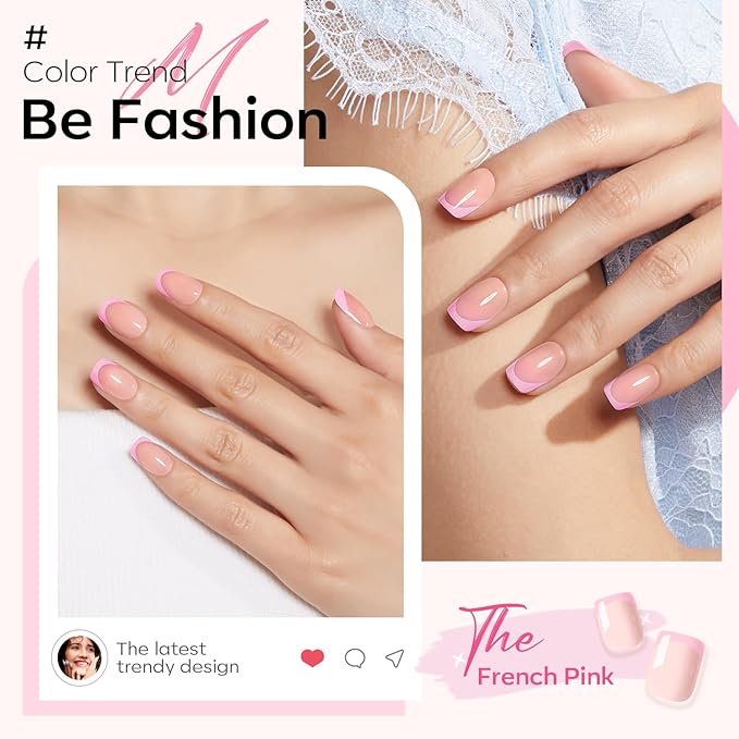 Modelones French Tip Press on Nails Short, Square Valentines Fake Nails, Reusable Nail Kit with Nail Glue Adhesive Tabs Mini Nail File, Nails Press Ons 32Pcs 16Sizes, Women Girl Gift, Pink