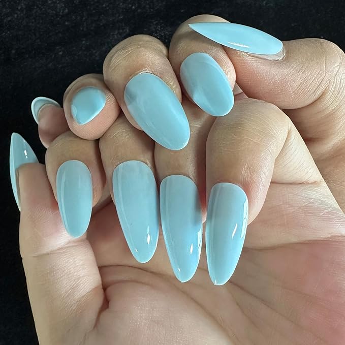 JONKASIPA Pressed On Nail Art Short - Soft Light Blue Almond Shaped Fake Nails, French Pointed Nails Designed for Women, Nail Art Set for Everyday Wear