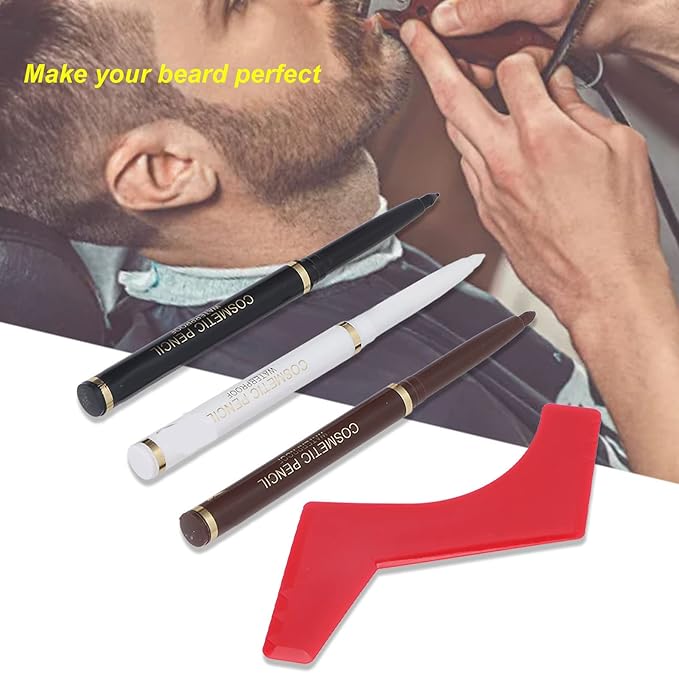 Beard Pencil Filler Set water proof Sweatproof Beard Shaping Tool Stencil Template for Men with 3 Pencils and 1 Shaper Ergonomic Design Perfect Contour Red Color