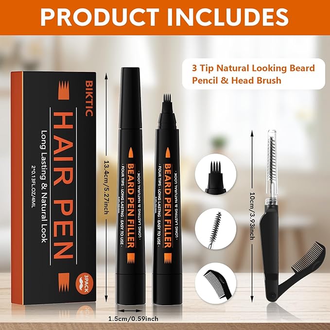 3-Pack Beard Pencil Filler for Men (Black), Four-fork Tip Beard Styling Pen, Waterproof Sweat Proof Long Lasting Beard Pencil,Effectively Enhances Facial Hair