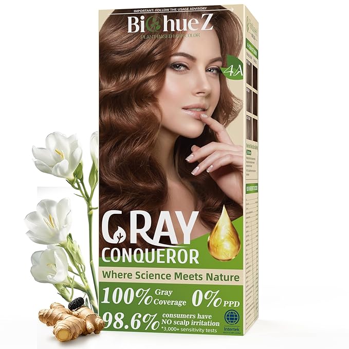 BioHueZ Permanent Hair Dye Gray Coverage Hair Dye PPD-Free Hair Color Kit 4A Cream Latte Brown
