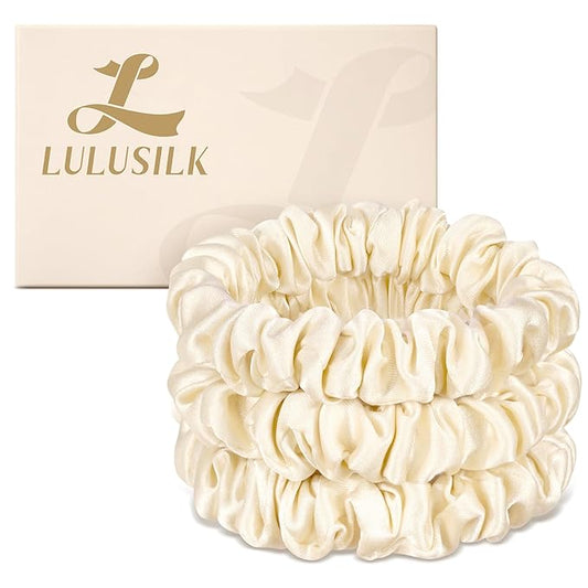LULUSILK Small Silk Hair Ties No Damage, 100% Real Mulberry Silk, Skinny Scrunchies Ponytail Holders for Thin Fine Hair, Ivory, Pack of 3