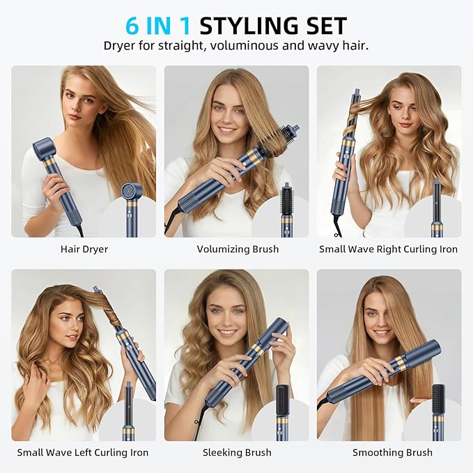 6-in-1 Hair Styler, Hair Dryer, Multi-Function Hot Air Brush Set, Ionic Blow Dryer with Interchangeable Attachments for Curling, Straightening, Volumizing, Gift for Women(Gemstone Blue)