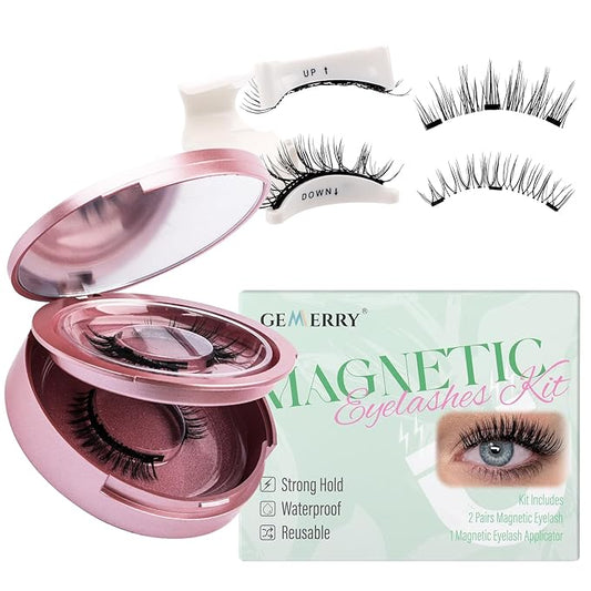GEMERRY Magnetic Eyelashes with Applicator 2 Pair Magnetic Lashes No Glue Natural Look Lash Clusters Kit False Eyelashes Cat Eye Easy to Wear and Remove No Glue No Eyeliner Needed Soft Strip Lashes