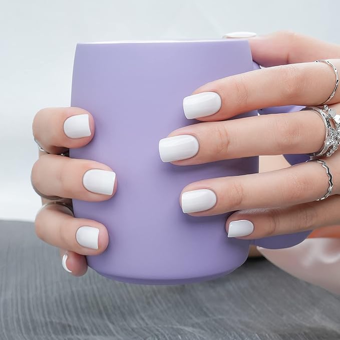 White Press on Nails Short, Jofay Fashion Square Solid Color Fake Nails with Glue, Reusable & Natural Acrylic False Nails Stick on Nails for Women Girls Gift, Gel Nail Kit, 24pcs