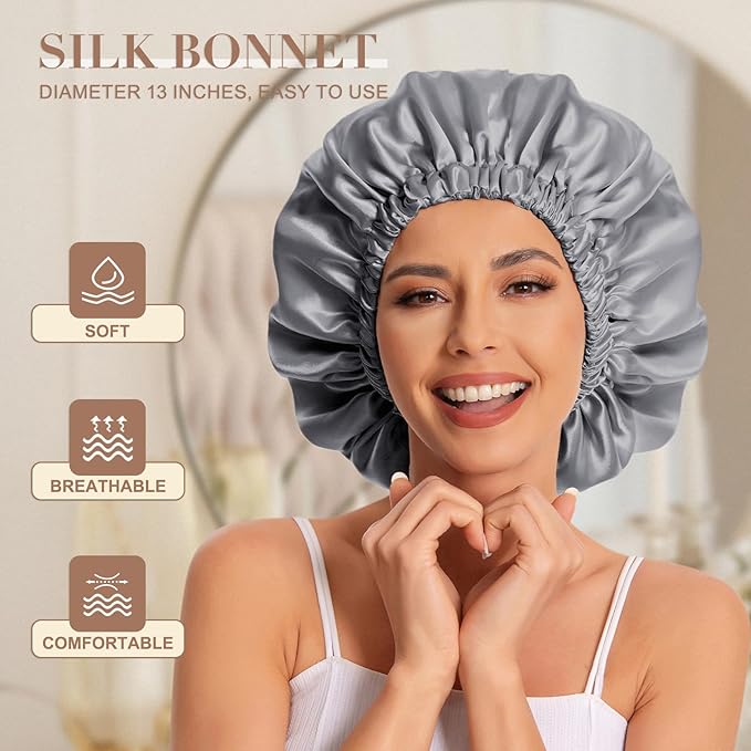 Satin Bonnet Silk Bonnet Hair Bonnet for Sleeping-Slouchy Beanie Hat Satin Sleep Cap for Women's Natural & Curly Hair(Blue Zircon&Dark Grey)