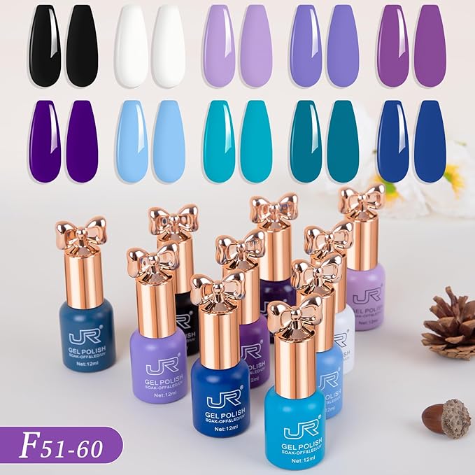 JR 10pcs 12ml Gel Nail Polish Set Blue Purple Gel Polish Set Semi Cured Long Lasting Vegan Chip-Resistant Soak off Nail Polish Gel Purple Gel Polish Gifts for Women F