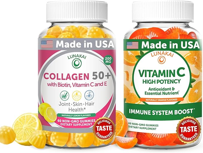 Lunakai USA Made Collagen & Vitamin C Gummies Bundle for Adults 50+, Supports Skin, Hair, Joint Health & Immune Function, Non-GMO, Vegan, Delicious Lemon & Orange Flavors, 60ct Each