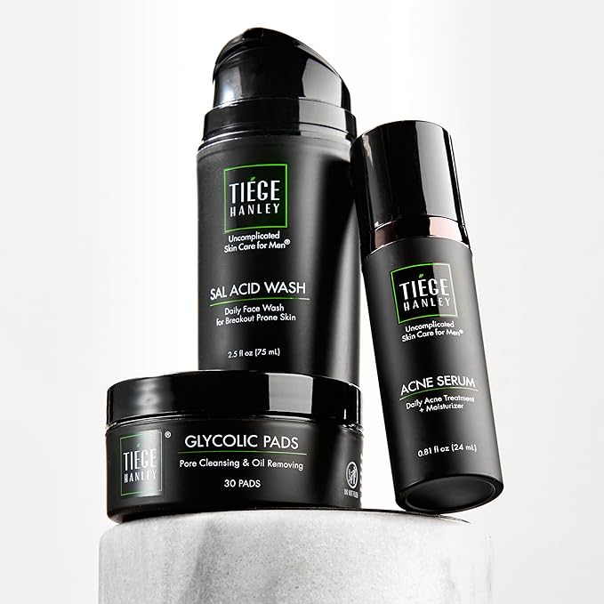 Tiege Hanley Acne Treatment Skin Care Set for Men, System Level 1, Tiegeclear Advanced Routine With Salicylic Acid Wash, Glycolic Acid Pads, and Serum, All Skin Types, Men’s Skin Care, 3 Piece Kit