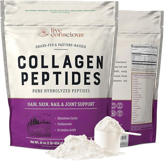 Live Conscious Collagen Peptides Powder - Naturally-Sourced Hydrolyzed Collagen Powder - Hair, Skin, Nail, and Joint Support - Type I & III Grass-Fed Collagen Supplements for Women and Men - 16oz