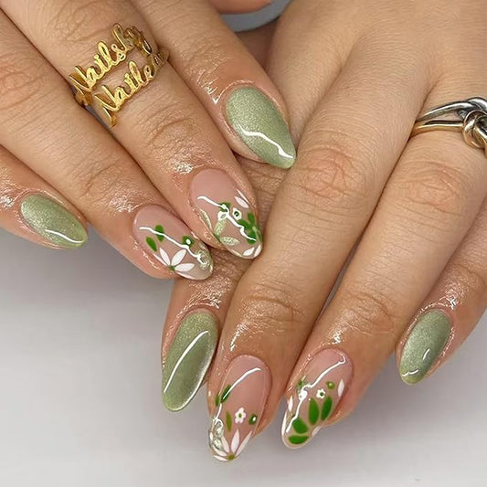 JONKASIPA 24 Pcs Almond Shape Press-On Nails Spring Cute Acrylic Nails, Artificial Gloss Full Coverage Light Green Fake Nails for Women and Girls Nail Decoration