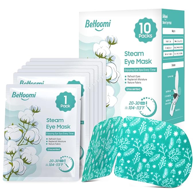 BeHoomi Steam Eye Mask, 10 Packs Heated Eye Mask, Self Heating Disposable SPA Warm Compress for Eyes Sleep Mask, Travel Essentials & Relaxation Gifts, Stocking Stuffers (Unscented)