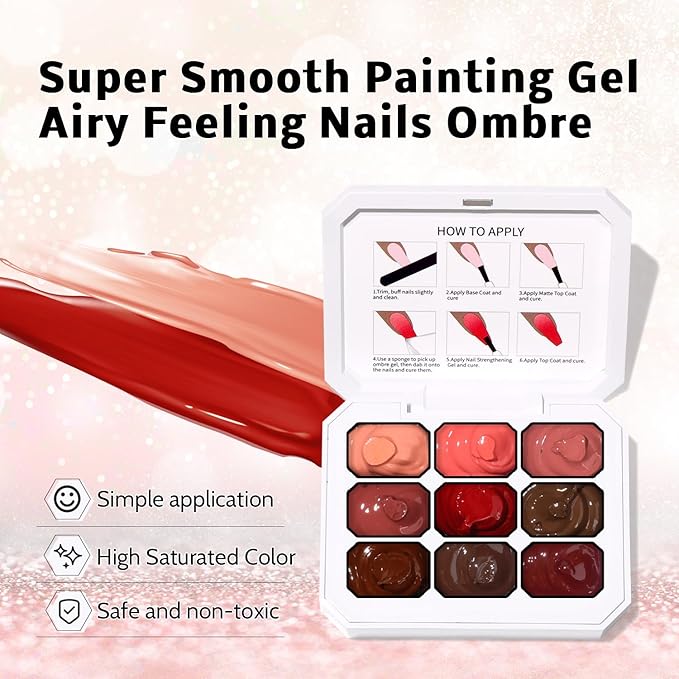 Karroy Sponge Pat Paint Nail Gel, 9 Colors Ombre Nails Gradient Gel Nail Blush Blooming Aura Nails Drawing Stripper Floral Painting Nail Art, No Wipe, UV/LED Curing (9 Colors E)