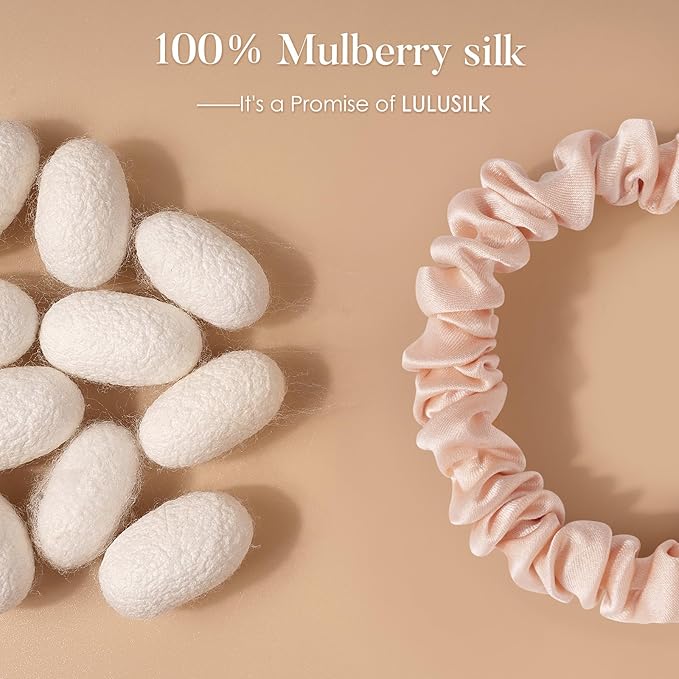 LULUSILK Small Silk Hair Ties No Damage, 100% Real Mulberry Silk, Skinny Scrunchies Ponytail Holders for Thin Fine Hair, Black Brown and Lotus Pink, Pack of 3