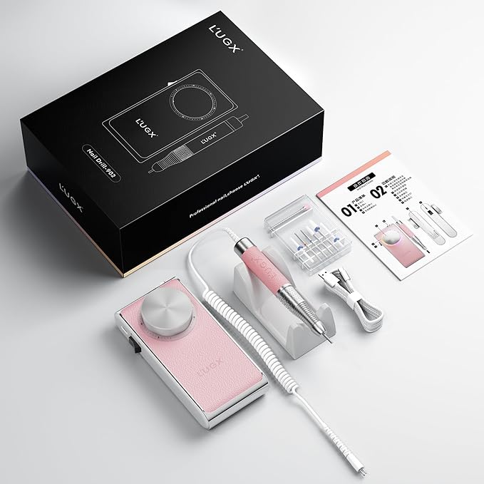 L'UGX Professional Nail Drill 30000RPM, Cordless Rechargeable Electric Nail File for Acrylic Nails Gel Polishing, Efile Nail Kit for Manicure Pedicure, Low Noise Low Vibration, 7Pcs Drill Bits, Pink
