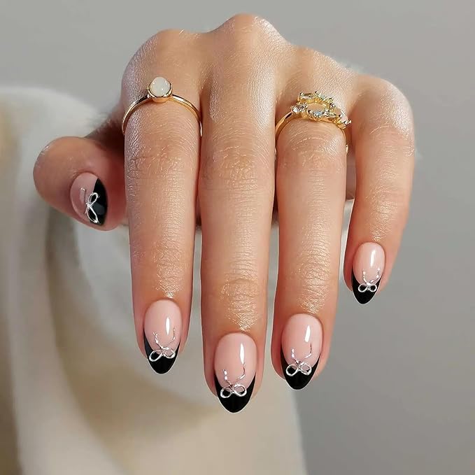 RPNZL Press On Nails - Black Tie | Black French Tip Press on Nails with 3D Bow Design - Soft Gel Almond Fake Nails I 32 Nails, 16 Sizes Kit with Glue and Adhesive Tabs I Female Founded