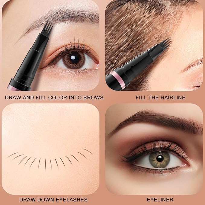 Eyebrow Pencil, 2-in-1 Waterproof Eyebrow Pen with 4 Tip Brow Pen and Ultra-Precise Brow Pencil, with Dual-ended Eyebrow Brush, Eyebrow Makeup for Natural Looking Eyebrows - Dark Brunette