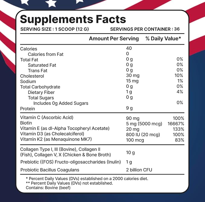 anocin Multi Collagen Peptides w/Prebiotic + Probiotics + Type I, II, III, V, X + Hydrolyzed Collagen Powder w/Vitamin C+D3+B7+K2+E Hyaluronic Acid, Supports Skin Hair Nail Joint, Grass-Fed, Non-GMO
