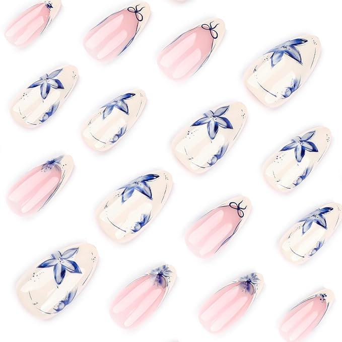 XZMeiLun Blue French Tips Press On Nails Short Almond, Flower Sticke On Nails, Floral Designer Reusable Acrylic Nails Press Ons, Fake Nails With Glue On Nails, Daily Wea False Nails For Women Girls