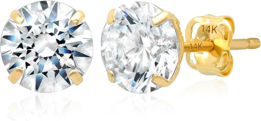 14k Gold Solitaire Round Cubic Zirconia Earrings Studs for Women & Men | Anti Tarnishing CZ Stud Earrings with 14k Gold Butterfly Pushbacks | 4MM-7.5MM by MAX + STONE