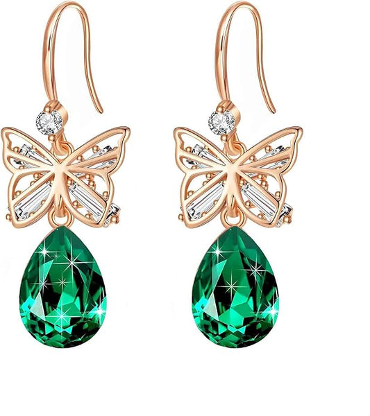 Austrian Crystal Teardrop Butterfly Drop Dangle Earrings for Women 14K Rose Gold Plated Hypoallergenic Jewelry