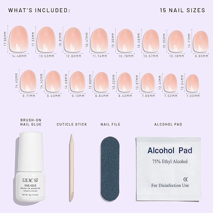 Lilac St - Press on Nails, Sheer Chemise (30 Nails, 15 Sizes) - Short, Round, Glossy, Opaque - Brush-On Nail Glue, Nail File, Cuticle Stick, Prep Pad - Reusable - Cruelty Free, Vegan, Women Founded