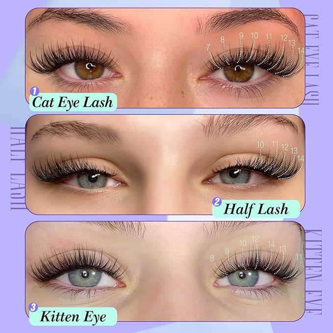 Yawamica Natural Lash Clusters Cat Eye Lash Extension 7-14mm Wispy Eyelash Clusters C Curly Individual Lashes Pre-mapped Cluster Lashes Left Right Cluster Eyelash Extensions DIY Lashes Natural Look