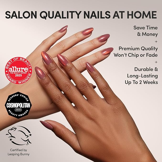 Glamnetic Press On Nails - Rose | Short Almond Rosy-Pink Nails with a Mesmerizing Metallic Finish | 15 Sizes - 30 Nail Kit with Glue