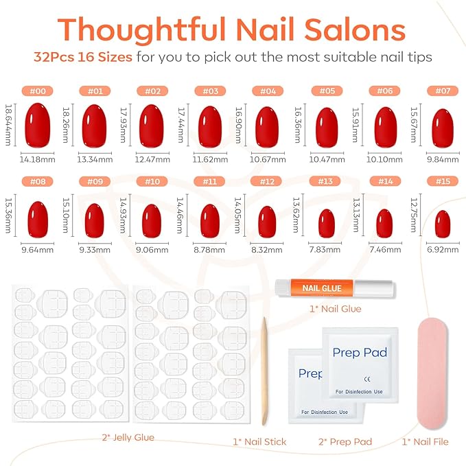 modelones Red Short Press on Nails Oval Fake Nails with Nail Glue, Adhesive Tabs, Nail File, Prep Pad, Manicure Stick, 32Pcs 16 Sizes, Valentines