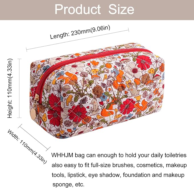 Cute Floral Makeup Bag Small Cotton Quilted Cosmetic Bag, Aesthetic Essential Bag Emergency Bag Gift for Women Girls Travel Accessories (Orange Squirrel)