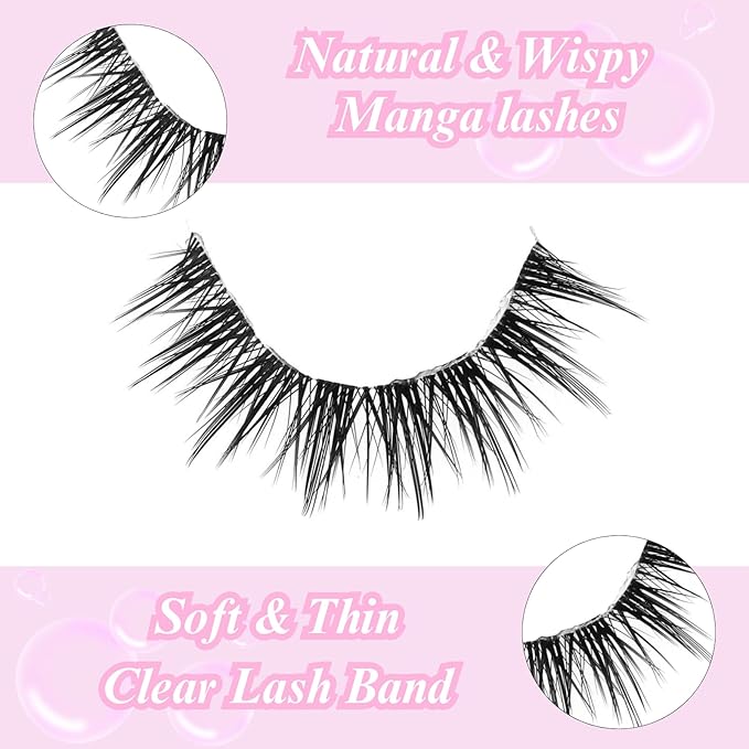 outopen 10 Pairs Manga Lashes Natural Look False Eyelashes Wispy Spiky Anime Lashes Korean Japanese Asian Style Cosplay Fake Eyelashes with Clear Band