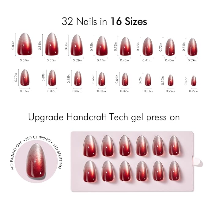 VSALON Press On Nails Short Almond, 32 Pcs 16 Sizes Red Cat Eye Press On Ombre Chrome Fake Nails With UV Cure Glue, Reusable Stick On Nails False Nails Kit Valentines Gifts For Women