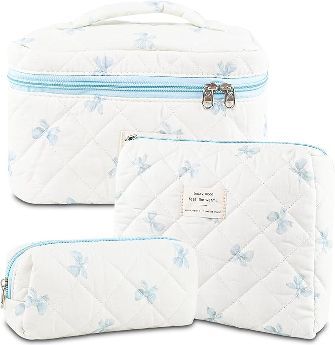 Makeup Bag, 3 PCS Quilted Makeup Bag, Cute Floral Cotton Cosmetic Bag set, Coquette Makeup Pouch Large Travel Toiletry Bag