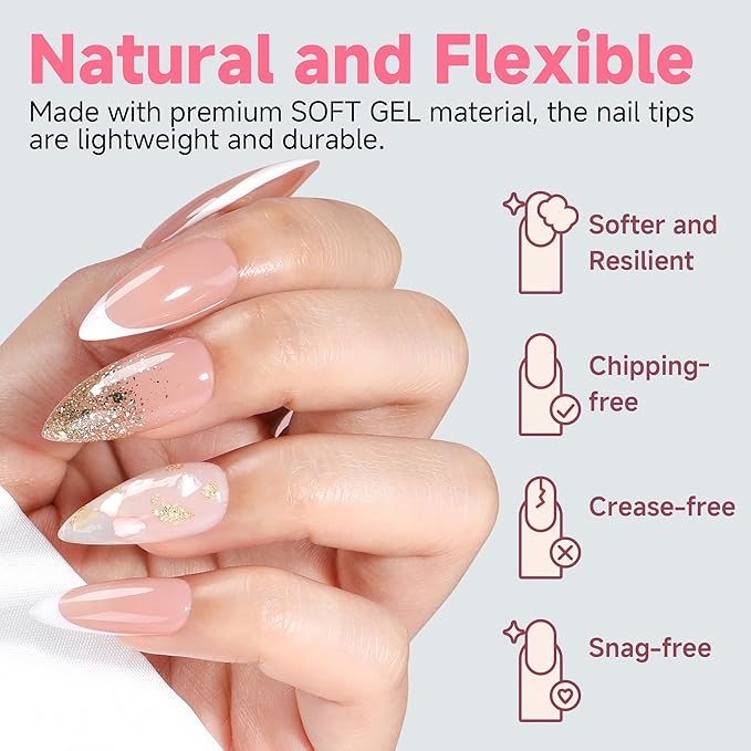 UNA GELLA Stiletto Gel Nails Press On 504Pcs Medium Almond Stiletto Clear Gel Nail Tips Full Cover Pre-matte Fake False Acrylic Nails for Nail Extensions Home Art Salon 12 Sizes