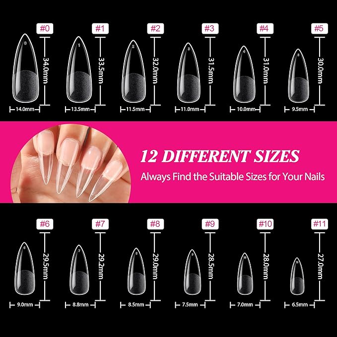 UNA GELLA Long Stiletto Gel Nail Tips Full Cover 504PCS Pre-shape Long Stiletto Almond Fake Clear Nails Tips No Need File Gel Tip No C Curve for Nail Extension DIY Art Salon 12 Sizes