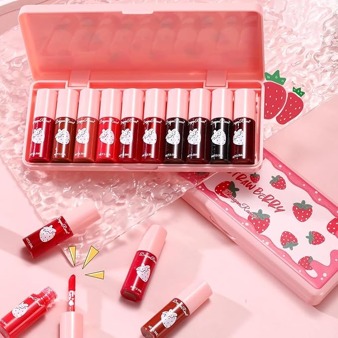 10 Colors Lip Stain Tint Set, Korean Lip Gloss for Women, Watery Mini Liquid Lipstick Long lasting, Lightweight, Multi-Use Lip and Cheek Tint, High Pigment, Vivid Color Lip Makeup
