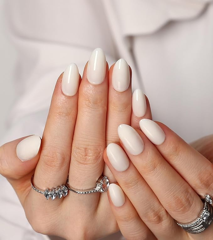 Morily 30Pcs Press on Nails Almond, Milky White Fake Nails Short Glossy Acrylic False Nails Reusable Full Cover Stick on Nails for Women, 15 Sizes, Thicker Fingertips