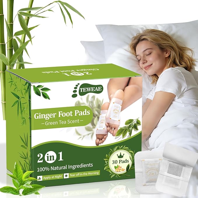 TEWEAE Ginger Foot Pads to Feel Better, 2 in 1 Premium Natural Bamboo Vinegar Foot Care Pad for Sleep Better & Soothing, Green Tea Scented - 30 Pads (Pack of 1)