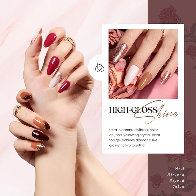 Beetles Gel Nail Polish Set, 23Pcs Brown Burgundy Red Nude Pink Gel Polish Set with Base Top Coat Verse of Roses Kit, Soak off Uv Gel Golden Glitter Holiday Nail for Women