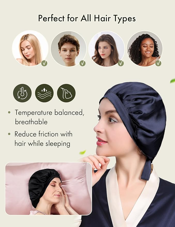 LILYSILK 100% Mulberry Silk Bonnet, Silk Night Sleep Cap Adjustable Hair Wrap for Sleeping, Deep Blue