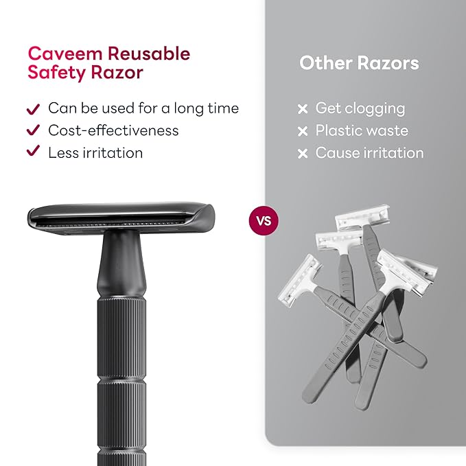 CAVEEM Double-Edge Safety Razor, Single-Blade Razors with 5 Stainless Steel Razor Blades for Men and Women, Reusable Metal Razor – Gun Metal Black