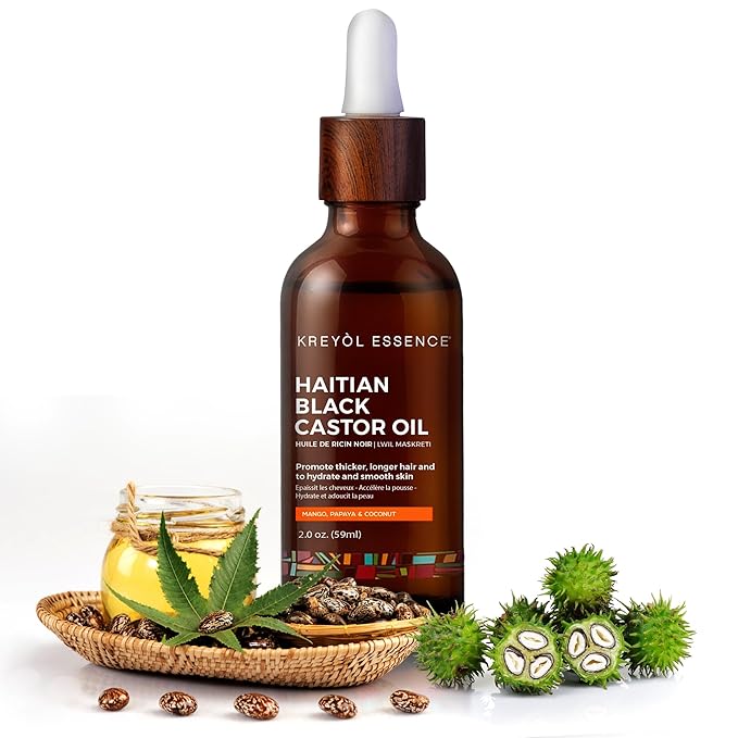 Kreyol Essence - Haitian Black Castor Oil for Skin and Hair, Glass Bottle - Fuller-Looking Hair, Hexane Free, Natural Humectant