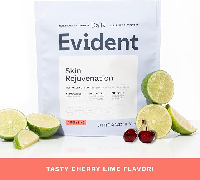 EVIDENT WELLNESS Skin Rejuvenation Powder – Collagen Supplement w/Resveratrol, Sodium Hyaluronate, CollaBZEn, Vitamins C & E – Supports Elasticity, Hydration, Firmness – 30 Stick Packs, Cherry Lime