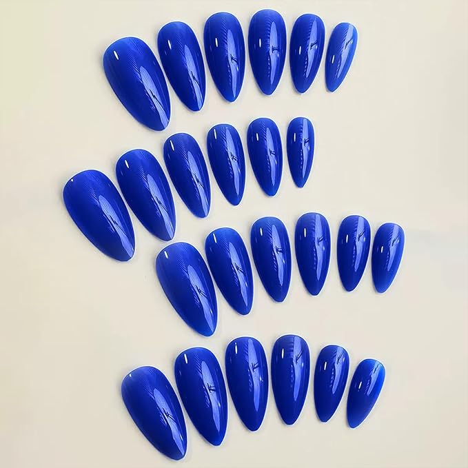 JONKASIPA Medium Almond Nails (Short) - Blue Pressed False Nails, Oval French Nails, Perfect Fit and Reusable Women's Nails, 12 Size Nail Set