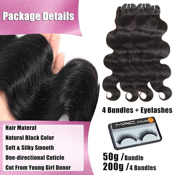 16A Body Wave Bundles Human Hair 20 20 22 22 Inch Raw Human Hair Bundles, 100% Unprocessed Brazilian Virgin Hair, Keep Texture Silky Soft After Multiple Washes, Triple Lifespan (4Bundles/200g)
