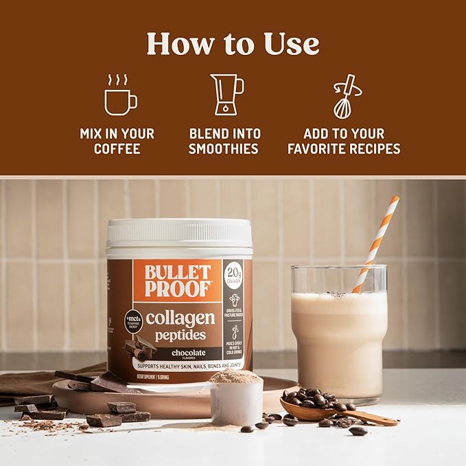 Bulletproof Chocolate Collagen Protein Powder with MCT Oil, 19g Protein, 17.6 Oz, Collagen Peptides and Amino Acids for Healthy Skin, Bones and Joints, Packaging May Vary