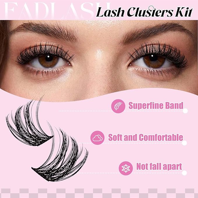 FADLASH Lash Extension Kit Fluffy Lash Clusters 0.07 D Curl Mixed Tray Wispy Eyelash Clusters with Lash Bond and Seal Lash Tweezer Diy Lash Clusters Kit for Beginners at Home(C3-0.07D, 8-16mm Kit)